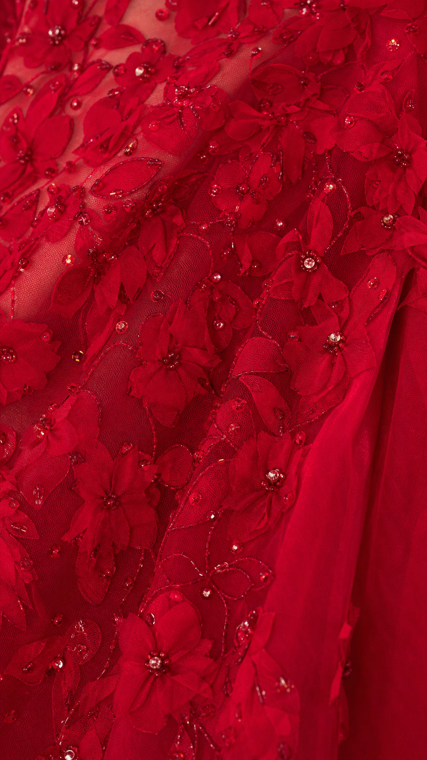Close-up of red floral sequin and bead embroidery fabric