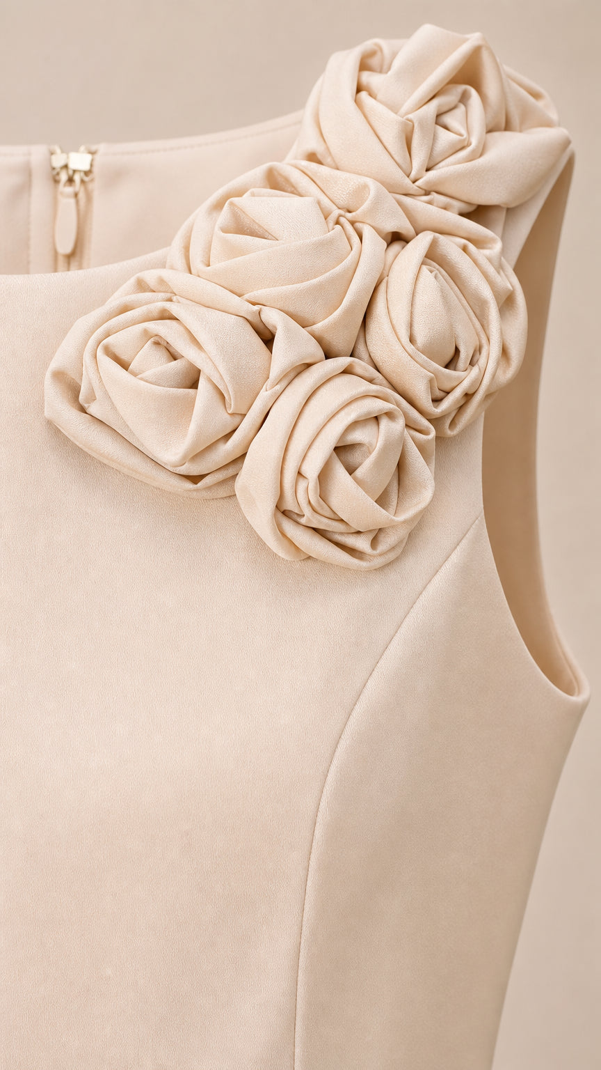 Close up of 3D rosette shoulder applique and zipper detail on beige jumpsuit