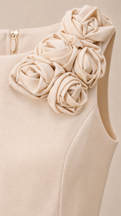 Close up of 3D rosette shoulder applique and zipper detail on beige jumpsuit