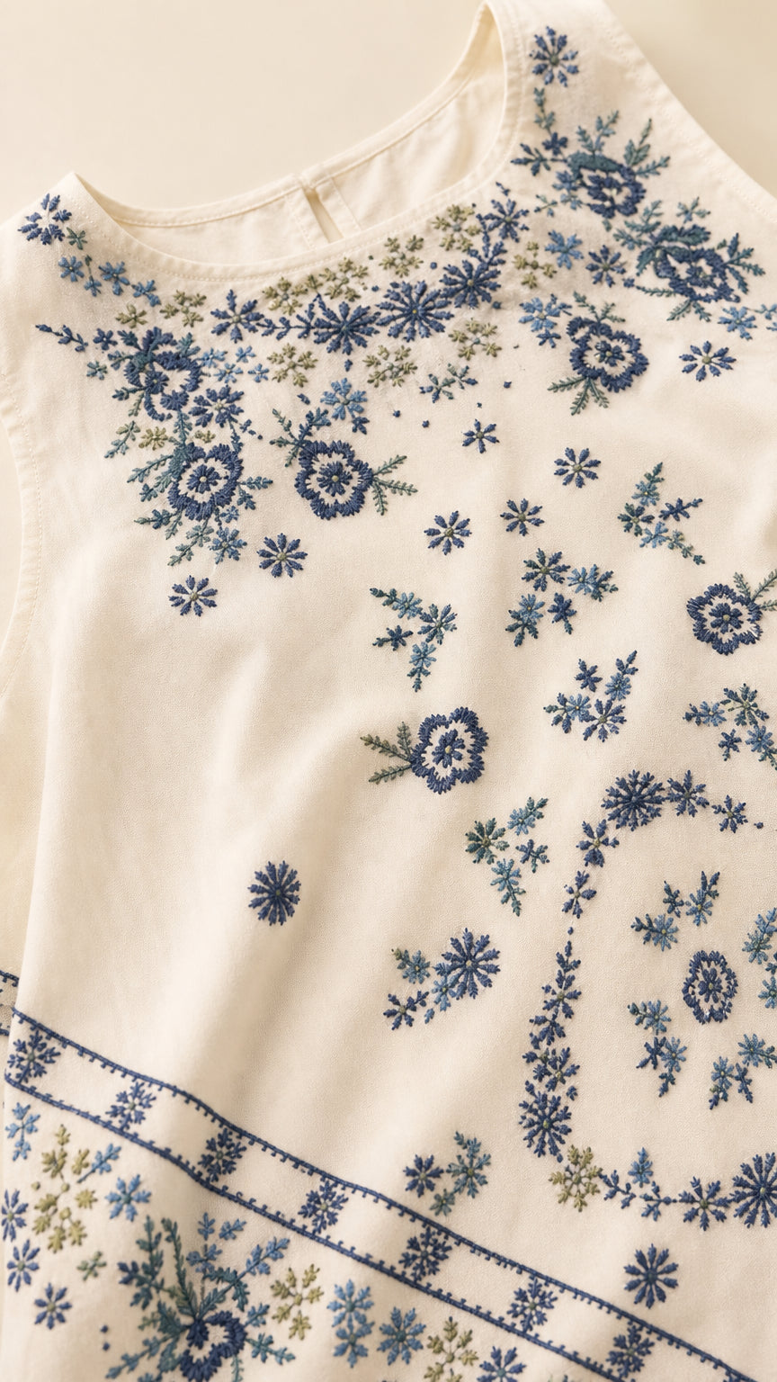 Close-up detail of floral embroidery on white dress neckline