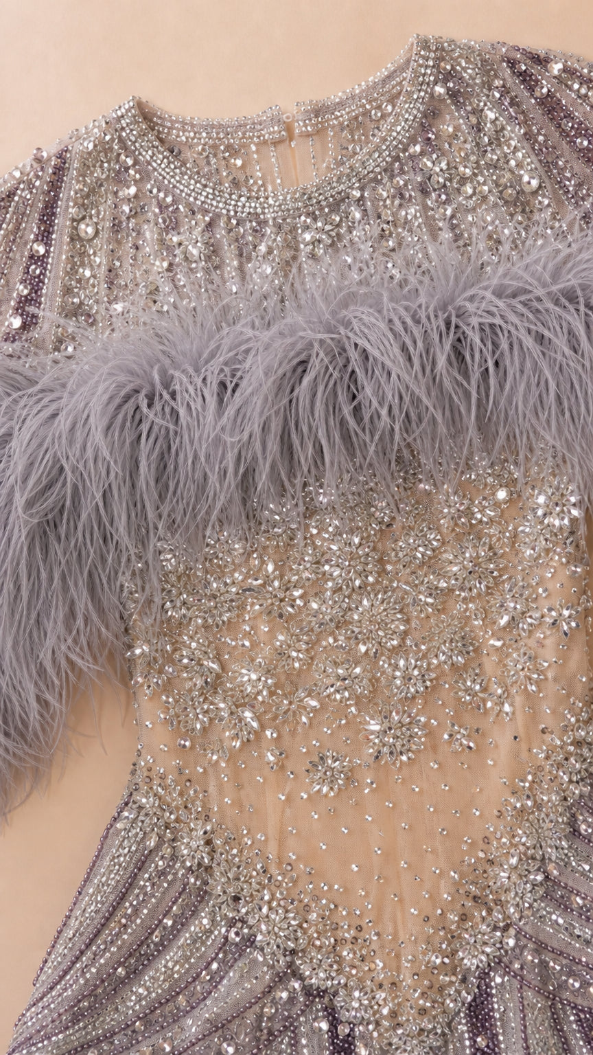Close-up detail of neckline beadwork and feather trim on sheer mesh bodice