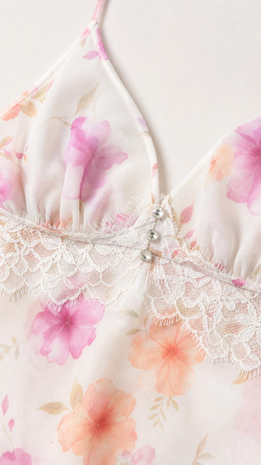 Close-up of white floral cami top with lace trim and crystal buttons