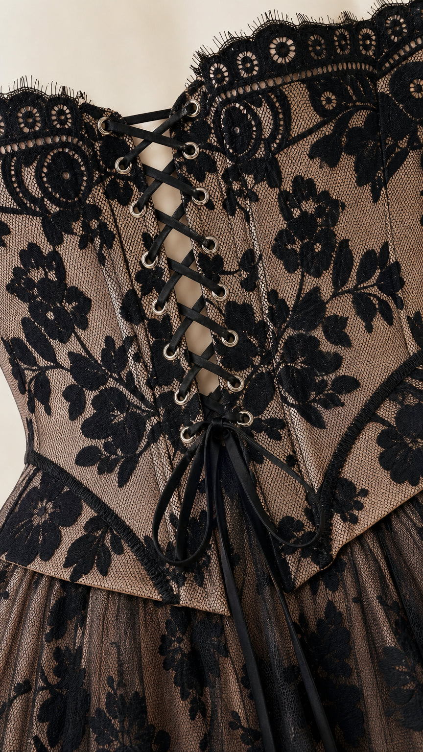 Close up of lace-up corset back detail on dress