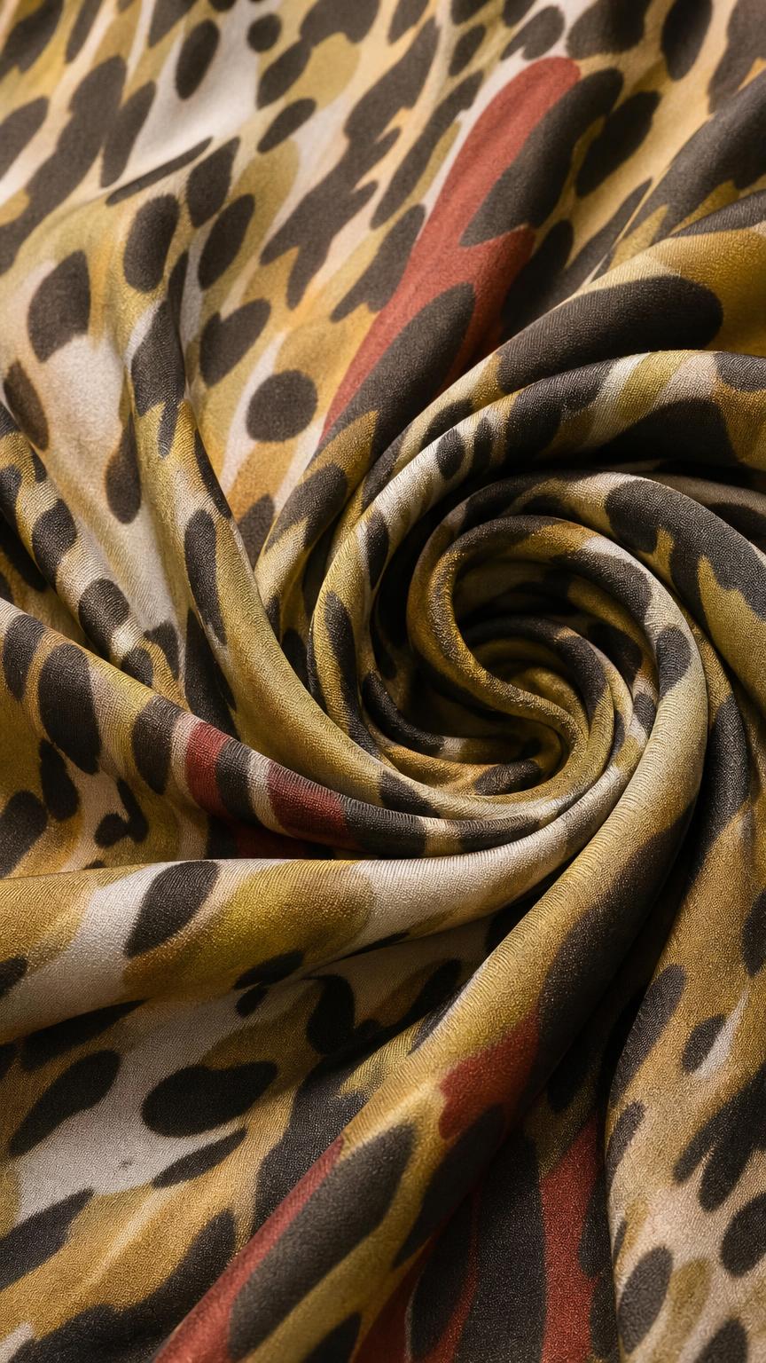 Close-up of smooth khaki animal print fabric swirl