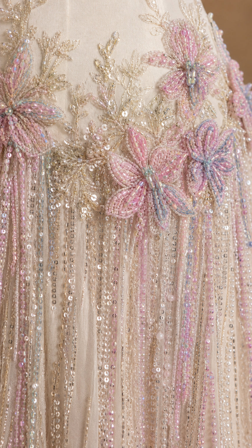 Close-up of 3D floral appliques and sequin beadwork