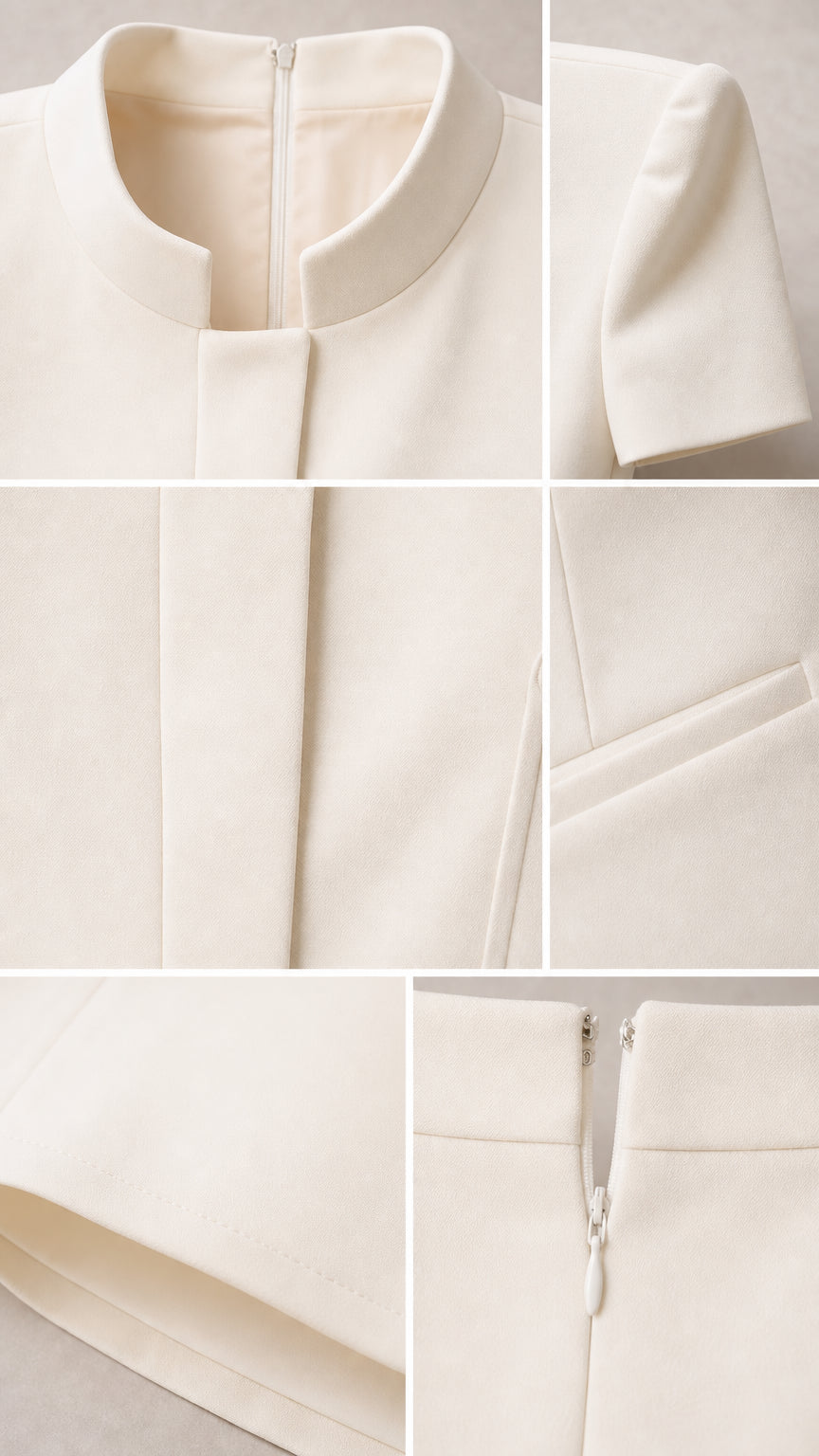 Close-up detail shots showing high collar, concealed placket, welt pocket, and zipper construction