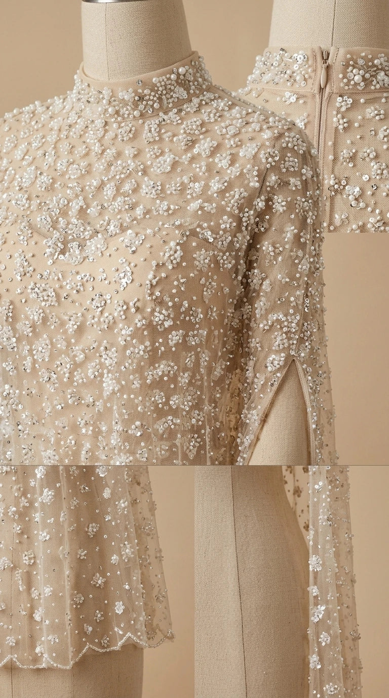 Detailed close-up of intricate sequin beading and mock neckline on cape gown