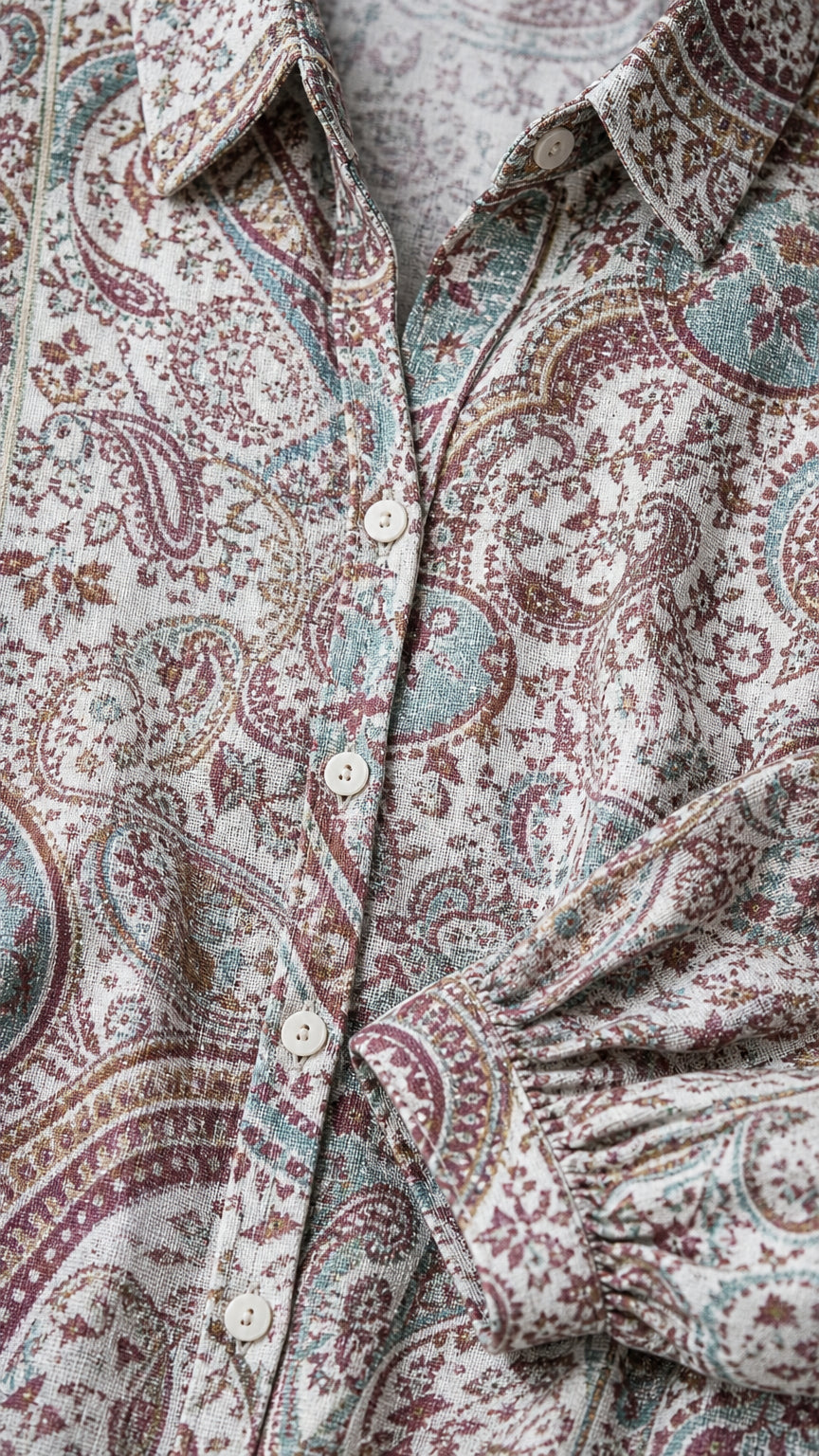 Close-up detail of shirt collar, buttons, and paisley fabric pattern