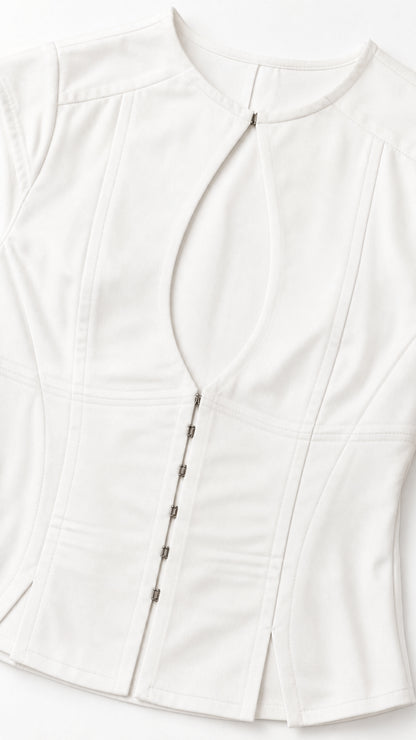 Close-up detail of white corset top keyhole and hook closures