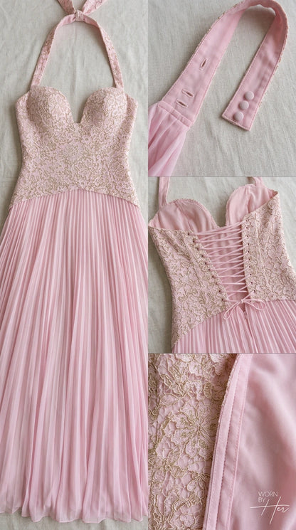 Close-up details of pink halter neck dress construction