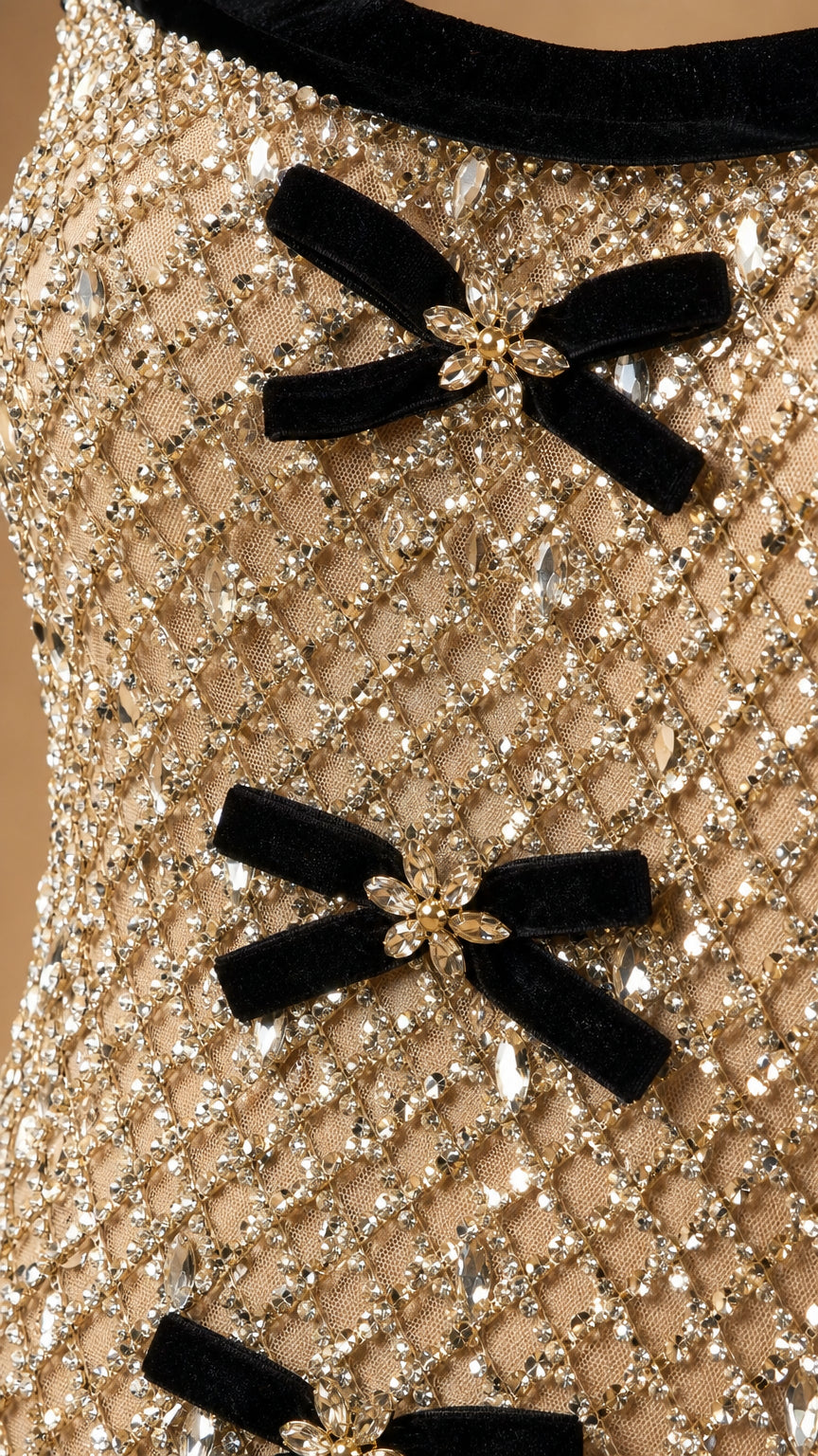 Close-up detail of velvet bows and sequin beadwork