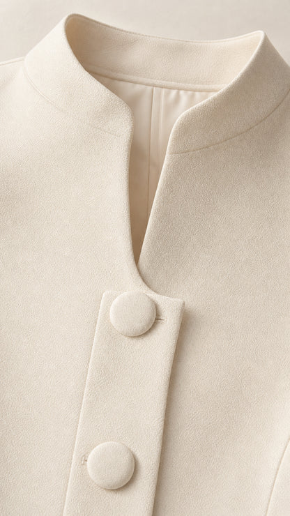Close-up detail of stand notched collar, fabric texture, and covered buttons on ivory dress