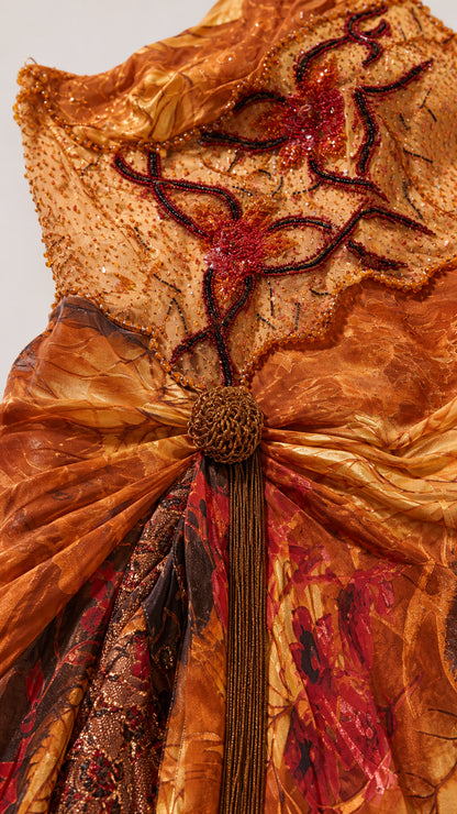 Close-up of beaded embroidery and ruched detail