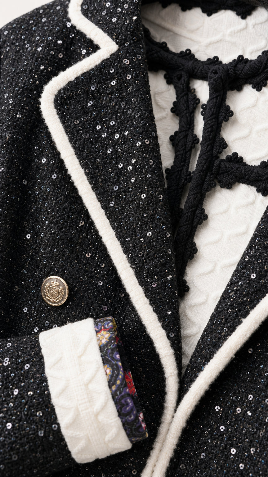 Close up of textured sequin tweed fabric, metallic button, and contrast trim