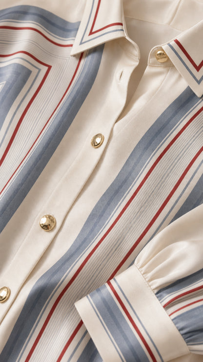 Close-up detail of buttons, collar, and fabric texture on striped shirt