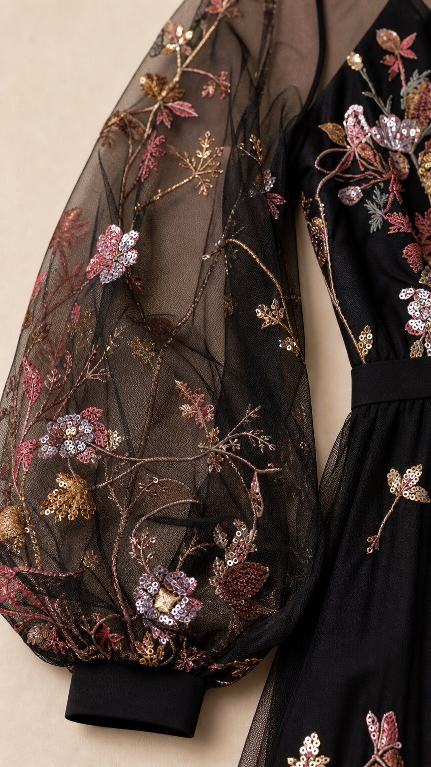 Close-up detail of embroidered sheer sleeve and cuff