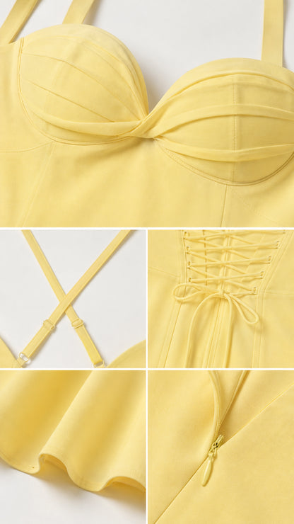 Close-up details of bodice, straps, lace-up back, and hem