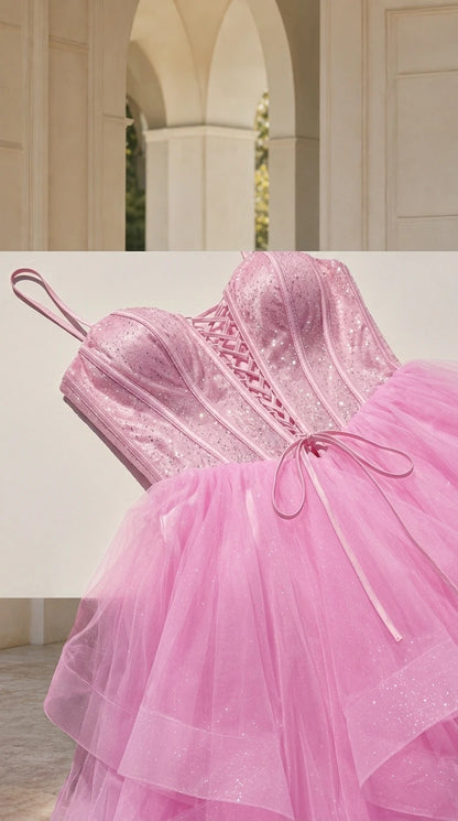 Close-up of pink corset bodice and tiered tulle