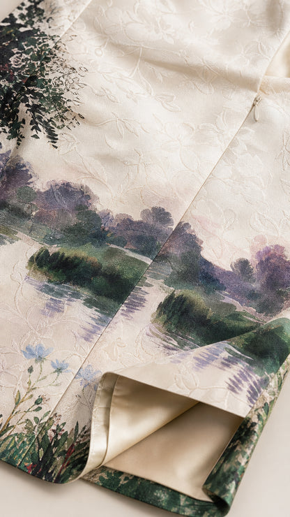 Close-up detail of textured jacquard landscape fabric, concealed side zipper, and interior lining