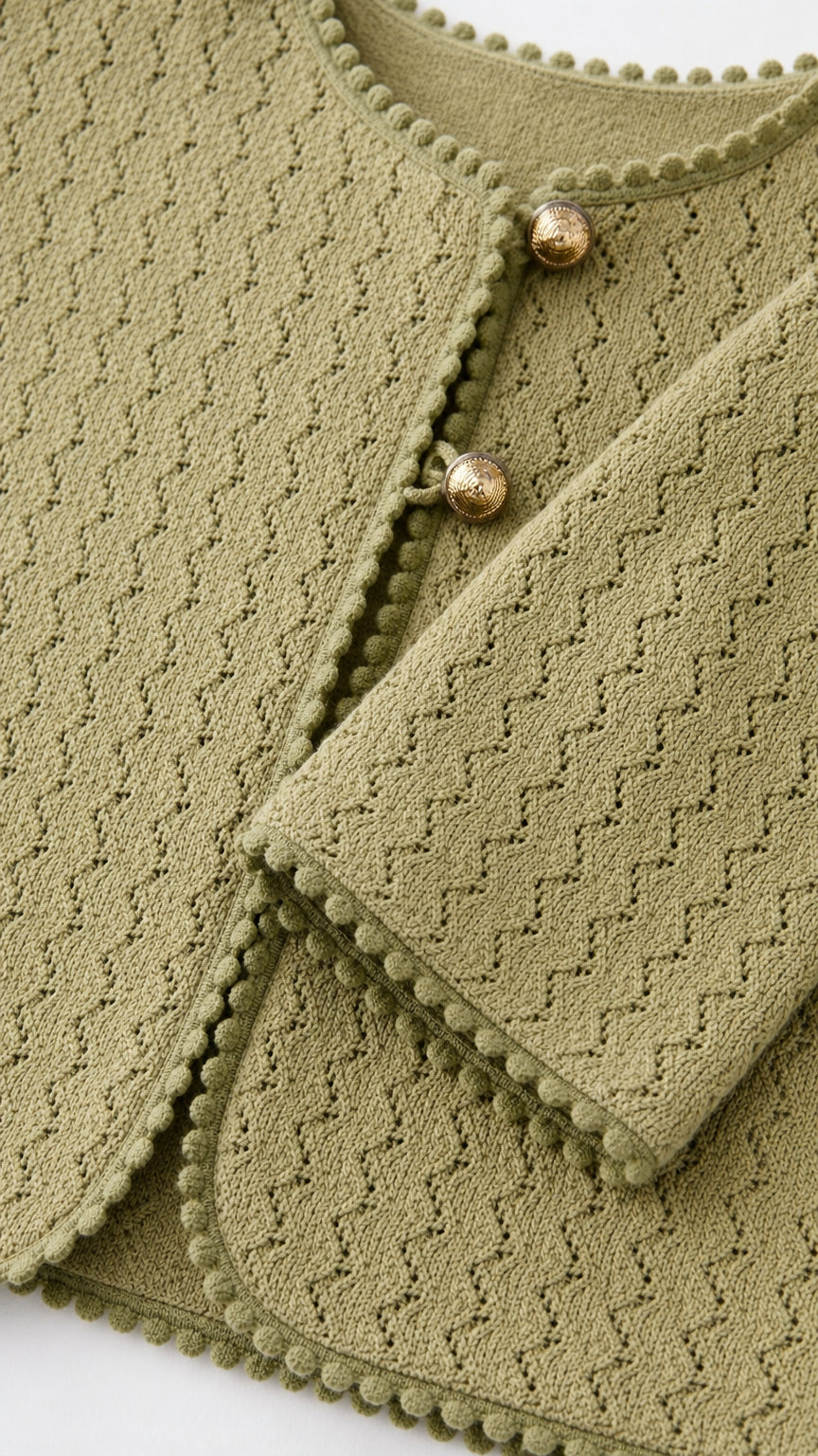 Close-up detail of sage green knit texture and metallic buttons