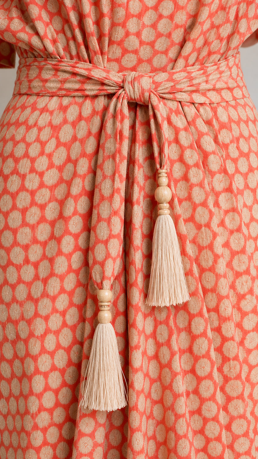 Close-up detail of self-tie waist belt with wooden beads and tassels
