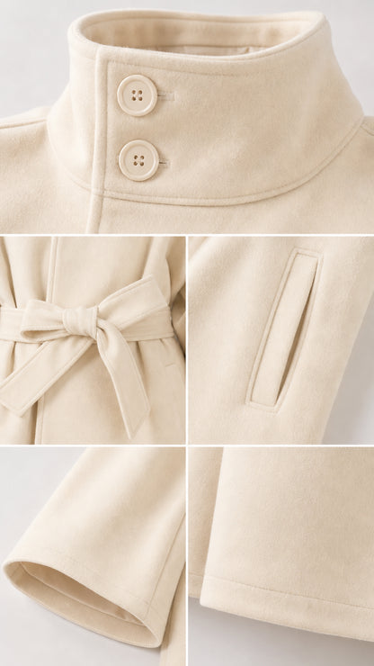 Close-up details of collar buttons, self-tie belt, and pocket