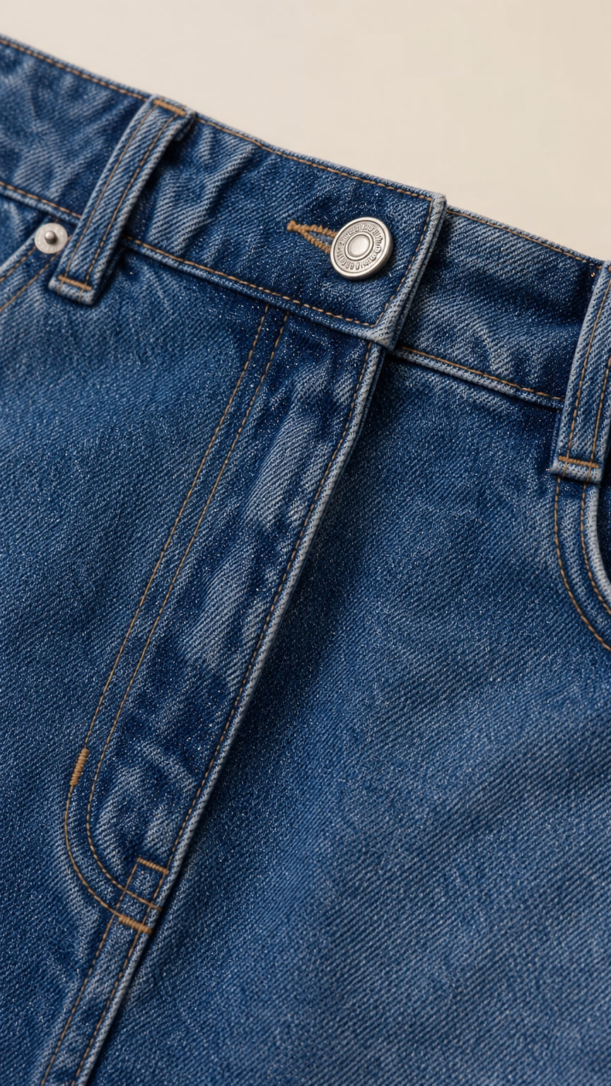 Close-up of denim skirt button closure and front pocket detail
