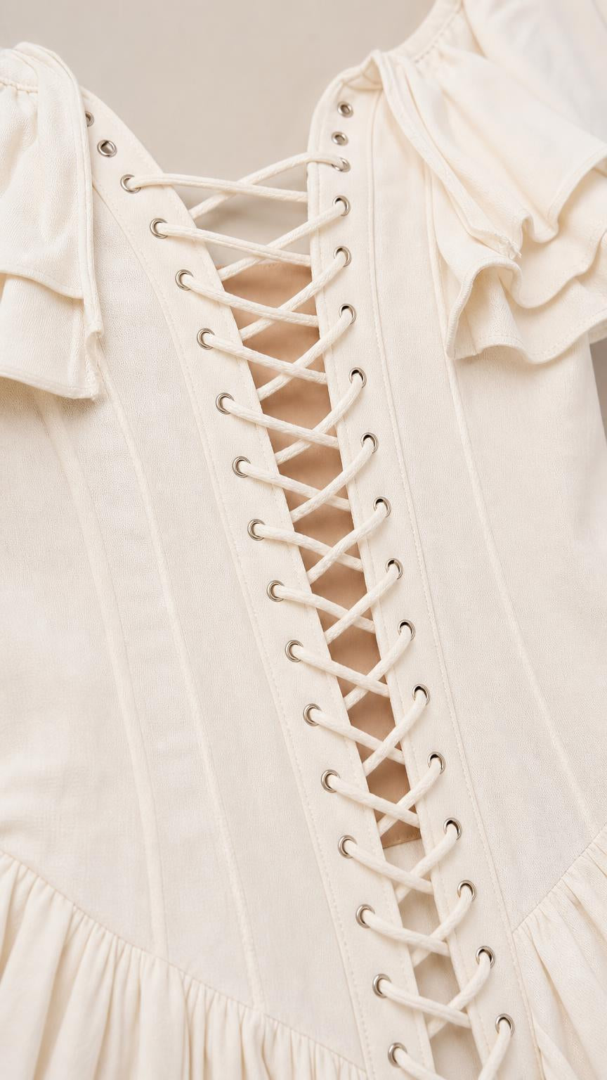 Close-up of front lace-up bodice detail with ruffies in ivory