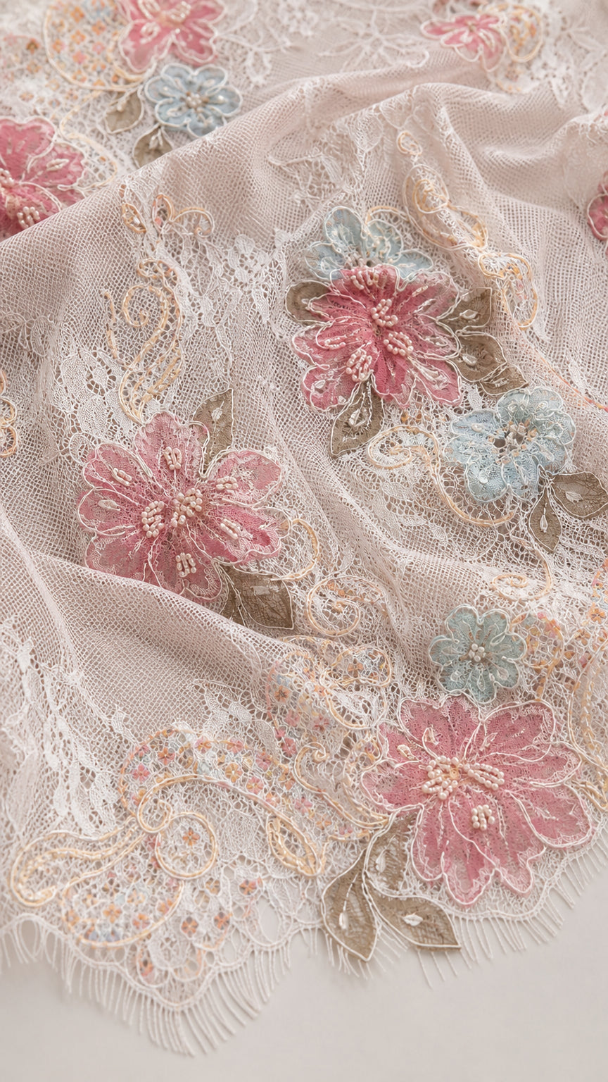 Close-up detail of multi-color floral embroidery and lace texture