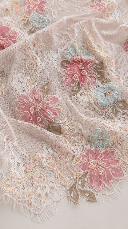 Close-up detail of multi-color floral embroidery and lace texture