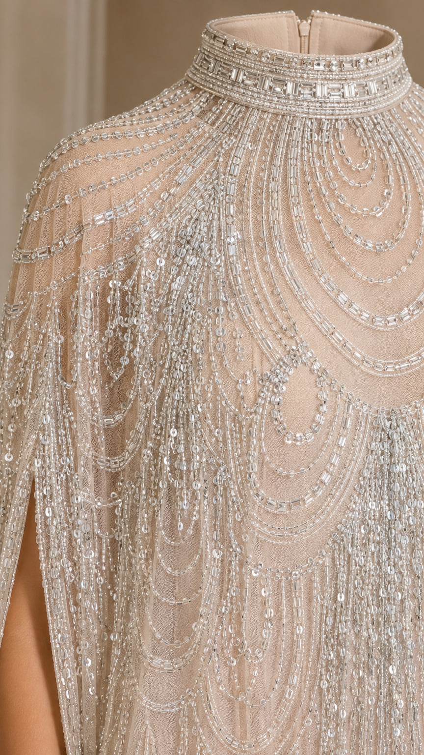 Close-up of high neck beadwork and sequin embellishments
