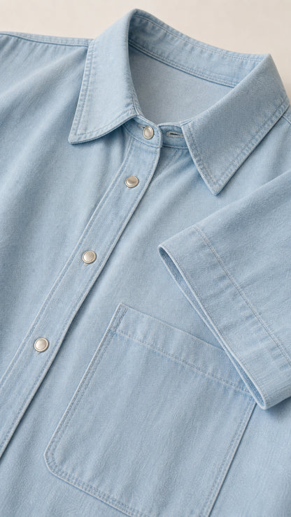 Close-up detail of light blue button-down shirt collar and pocket