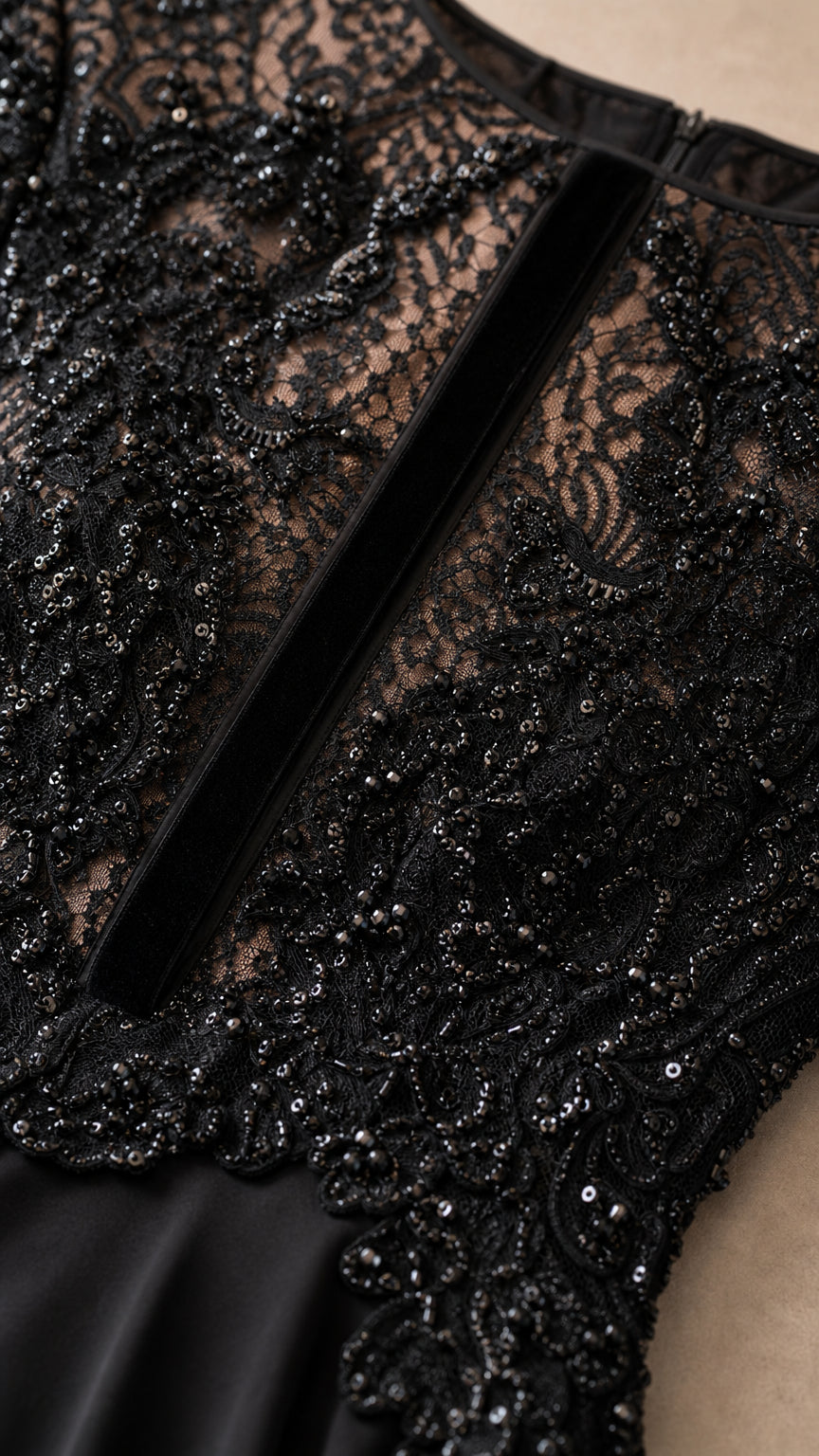 Close-up detail of the beaded lace bodice and velvet-like center accent