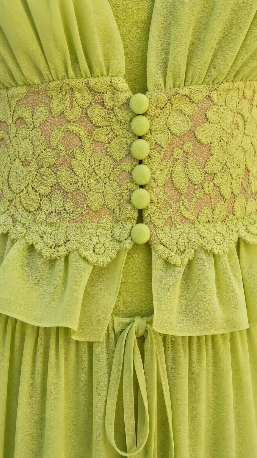 Close-up detail of bodice buttons and lace waist insert