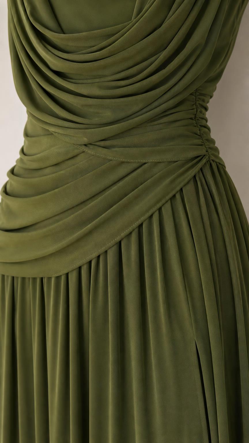 Close-up detail of bodice ruching and draping on olive green dress