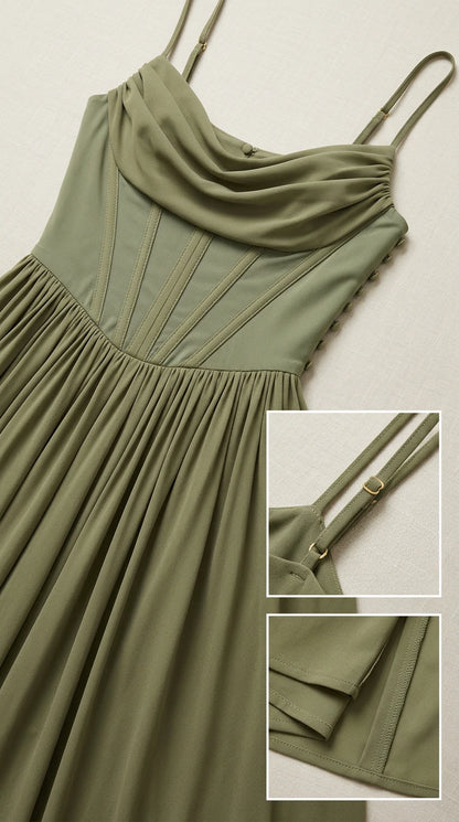 Close-up details of draped bodice, adjustable straps, and hemline of olive green dress