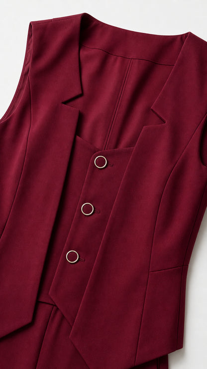 Close-up detail of burgundy vest buttons and lapels