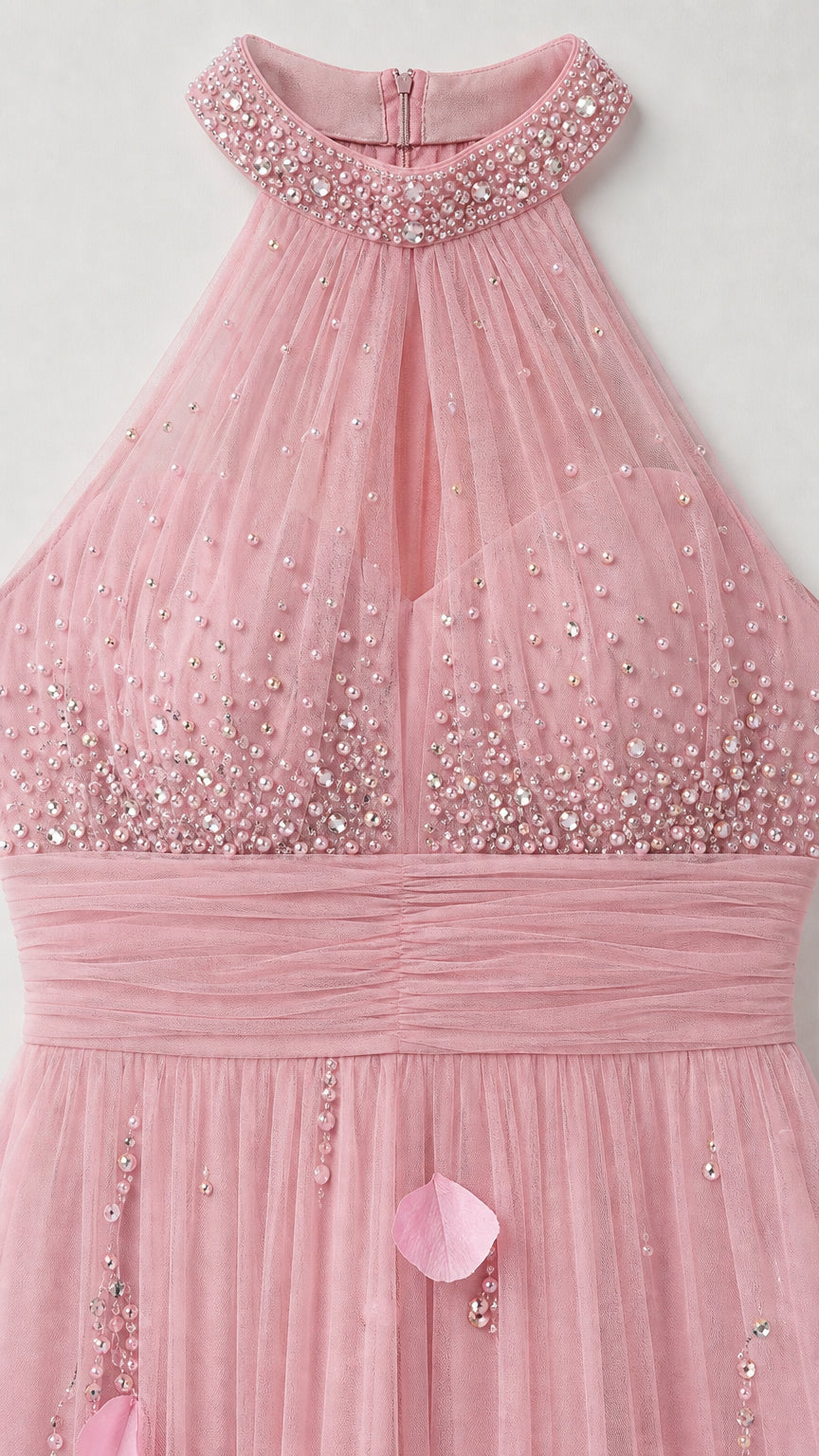 Close up of beaded halter neckline and 3D floral appliques on pink dress