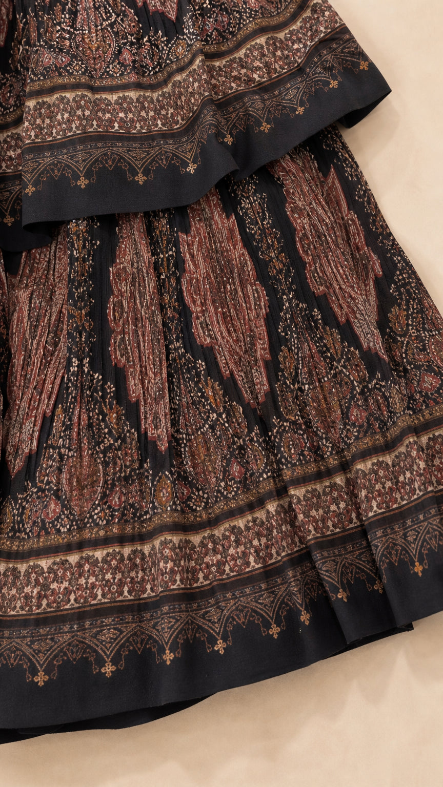 Close up of black printed fabric and tiered ruffle hem