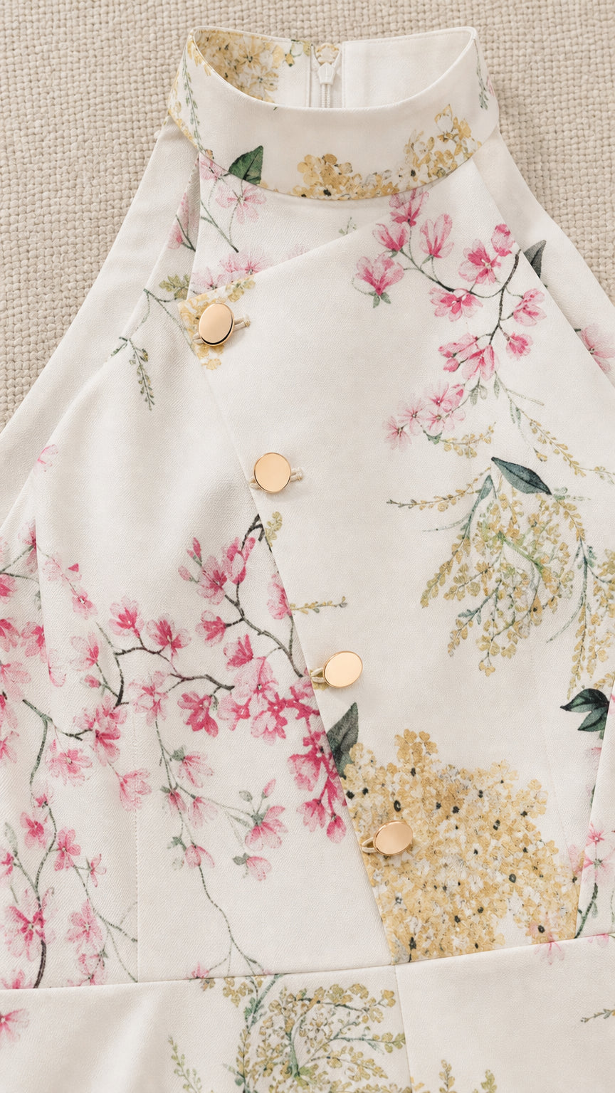 Close-up of high halter collar and decorative gold buttons