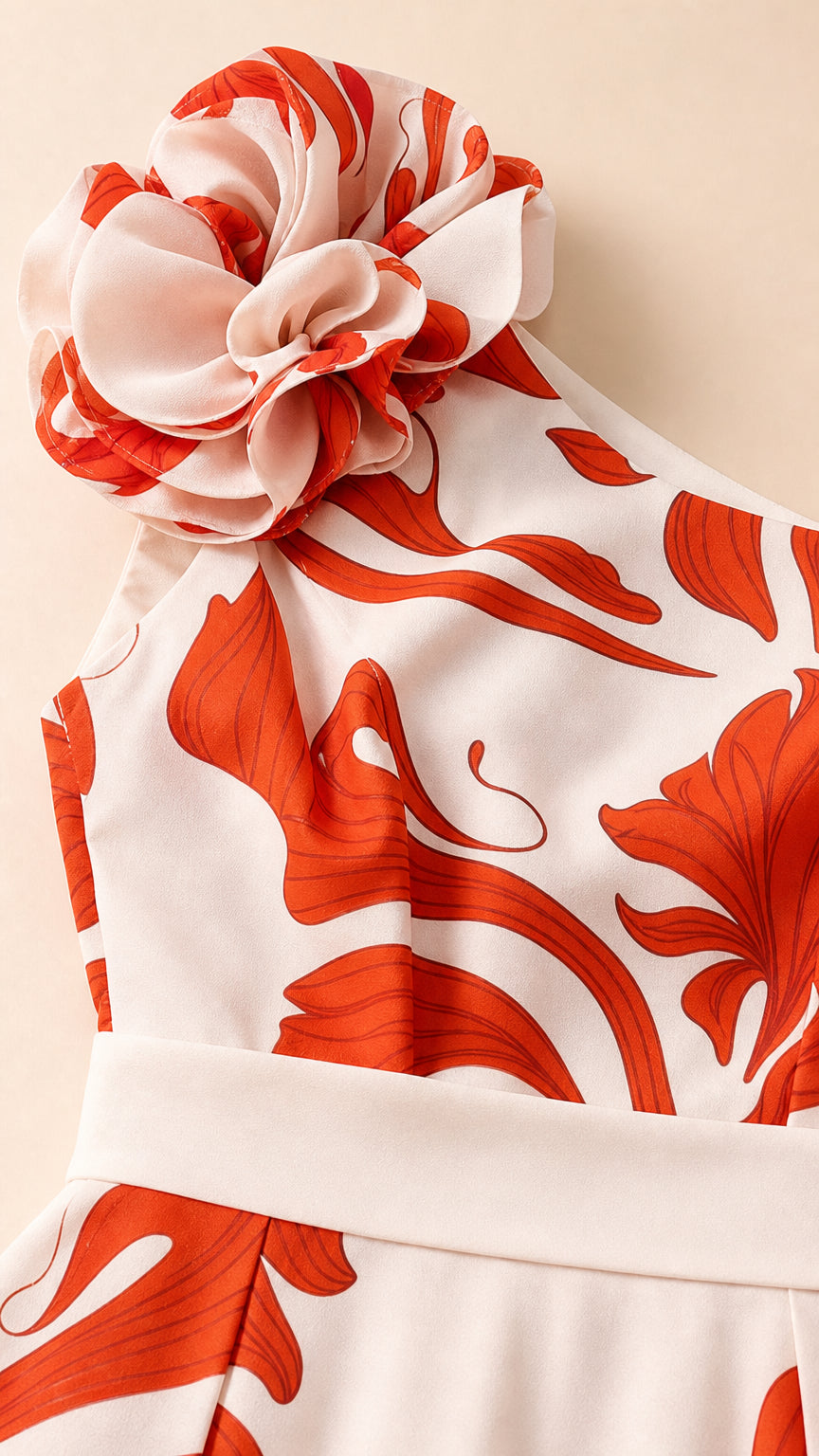 Close-up detail of 3D shoulder flower and bodice print