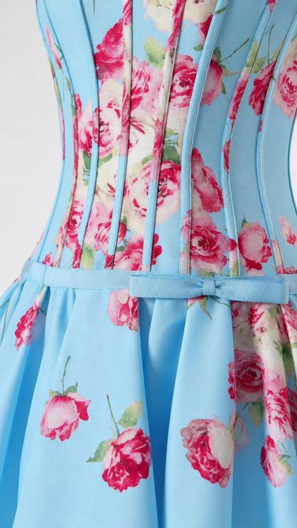 Close-up of bodice and floral pattern on light blue dress