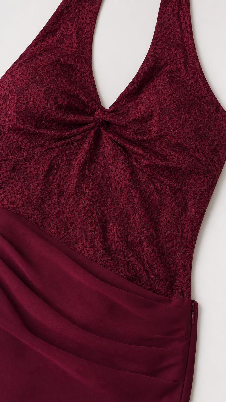 Close-up detail of lace bodice and knot accent