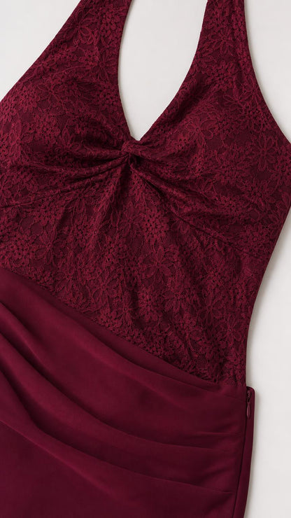 Close-up detail of lace bodice and knot accent