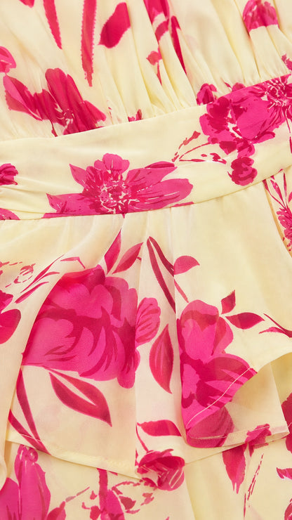 Close-up detail of floral print and waistline