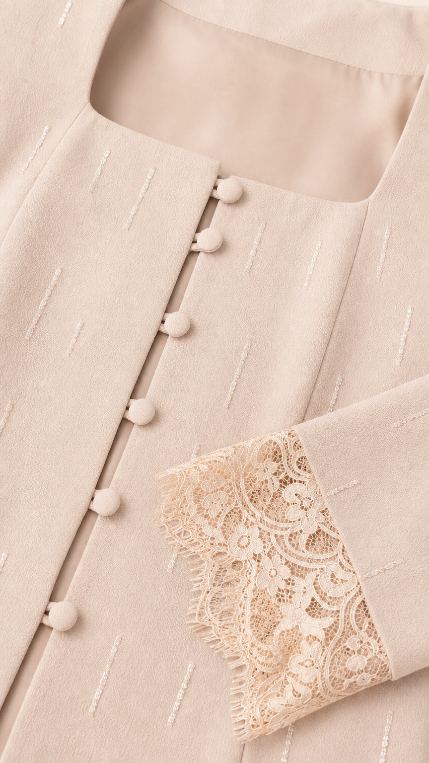 Close-up detail of champagne suit jacket showing square neck, buttons, and lace cuffs