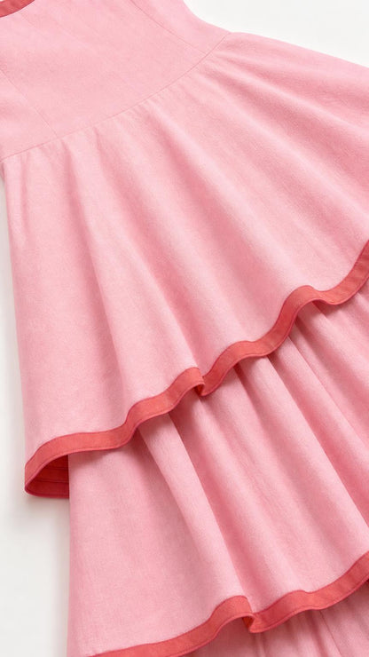 Close up of pink tiered dress ruffles and contrast piping