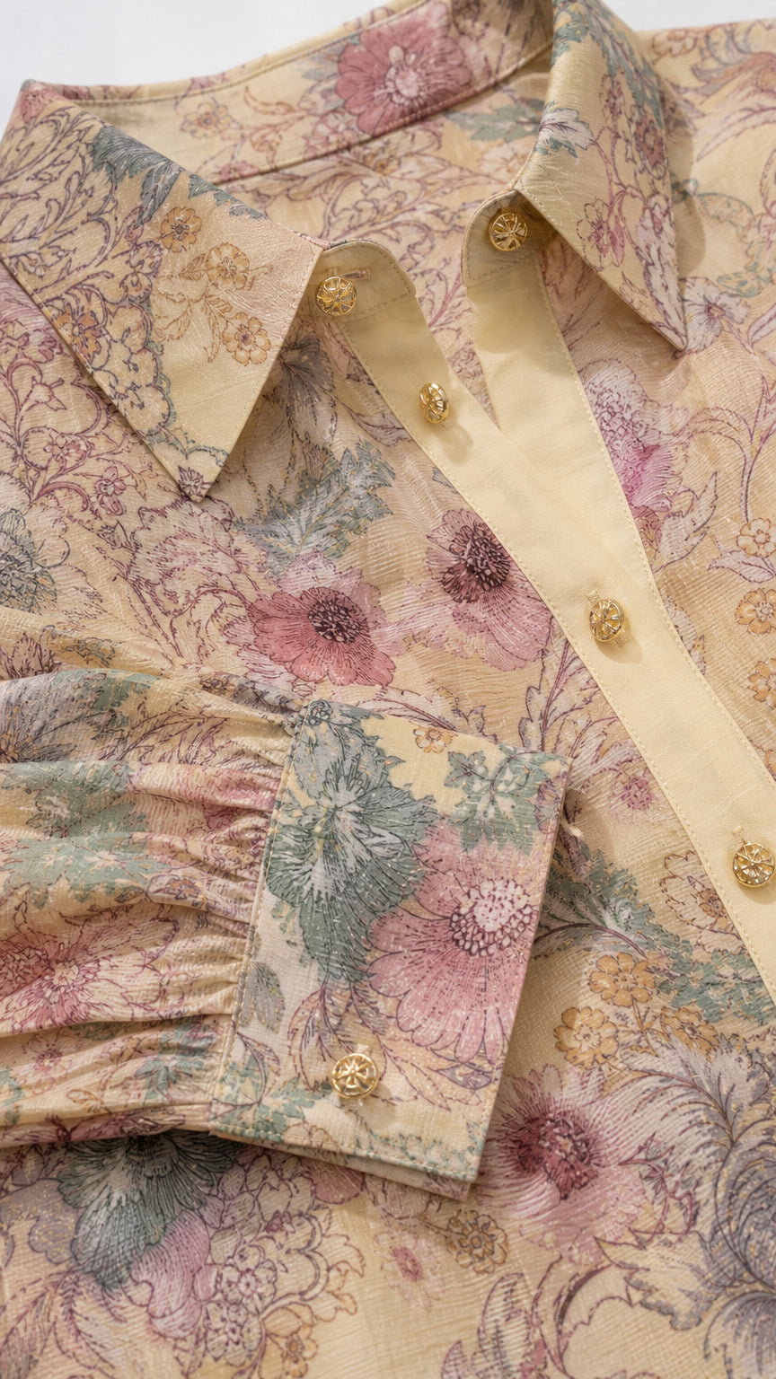 Close-up detail of collar, buttons, and floral cuff pattern