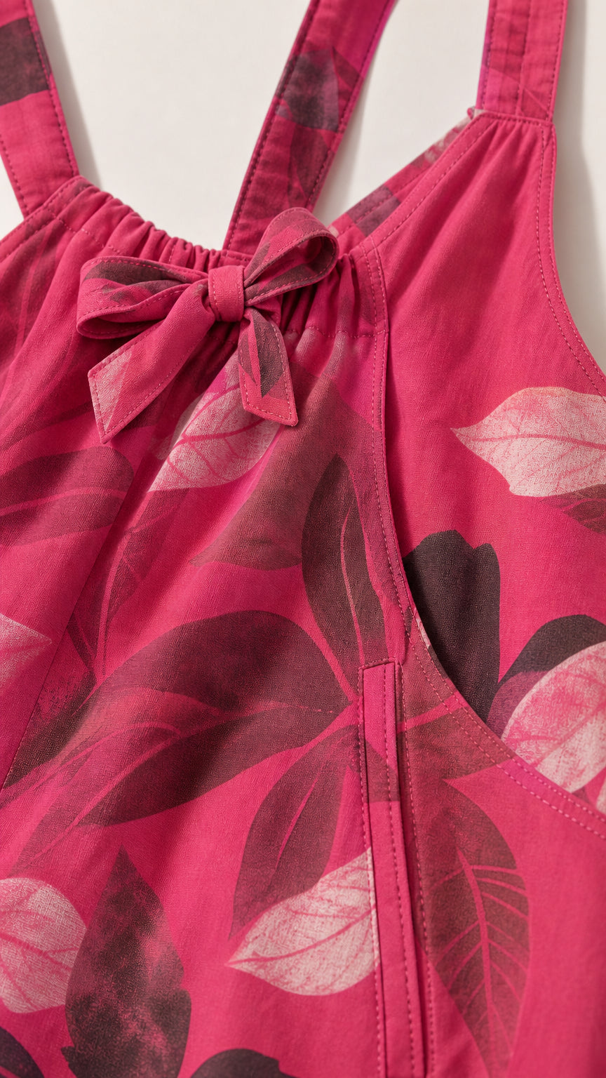 Close-up detail of fabric, pattern, pockets, and bow strap on Fuchsia jumpsuit