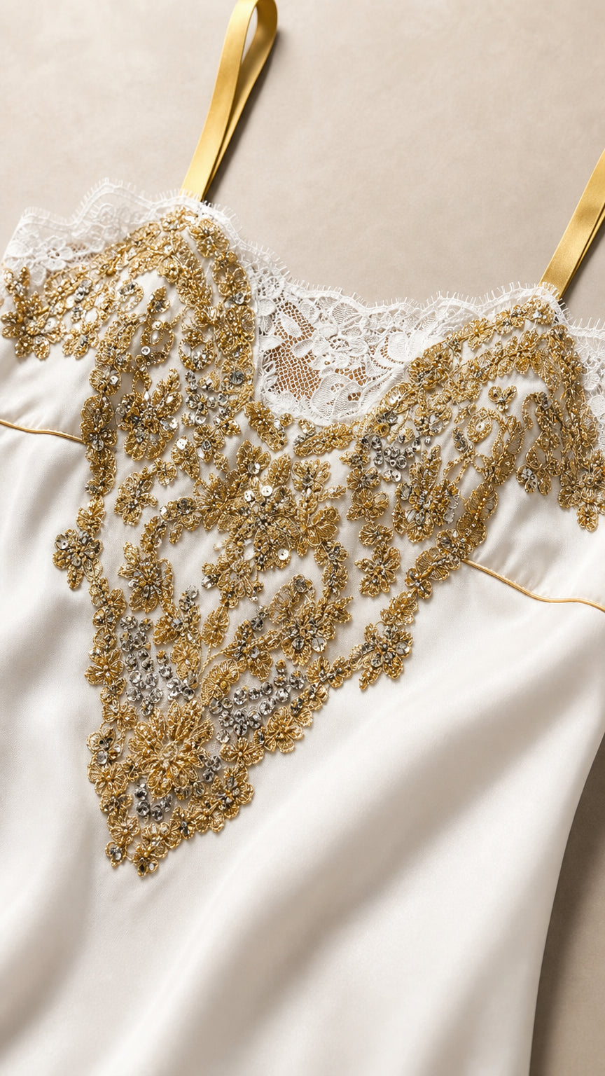 Close-up of intricate gold embroidery and white lace on satin dress bodice